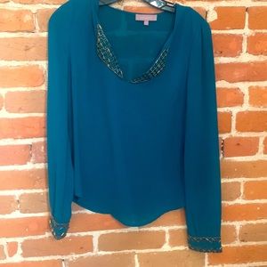 Semi-sheer teal top with copper beading detail